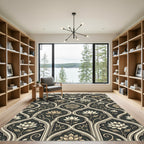 Elegant Charcoal and Taupe Lotus Scroll Rug