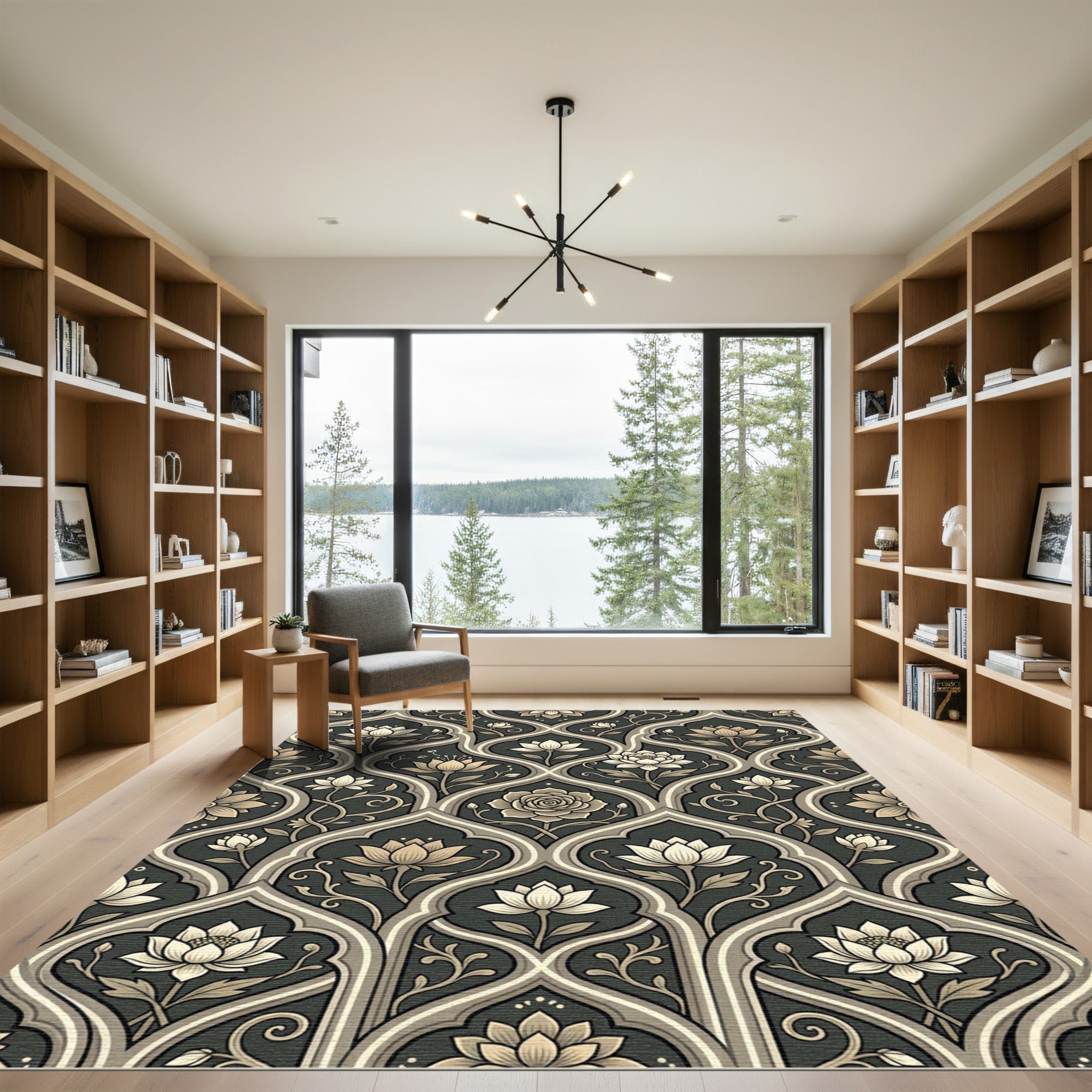 Elegant Charcoal and Taupe Lotus Scroll Rug