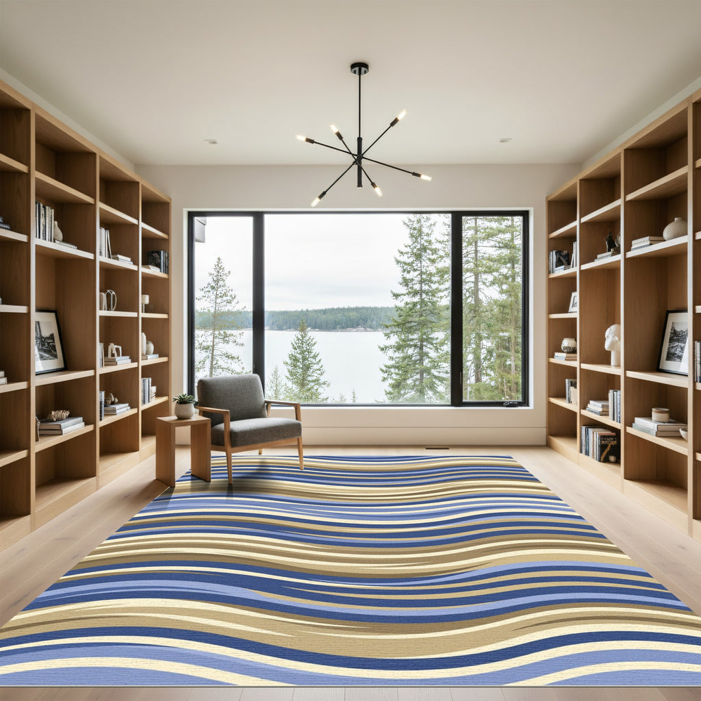 Coastal Blue and Sandy Wavy Stripes Rug