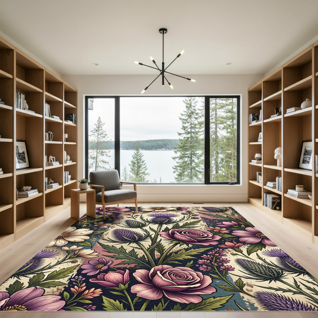Vintage Dusty Rose Meadow Thistle Illustration Rug