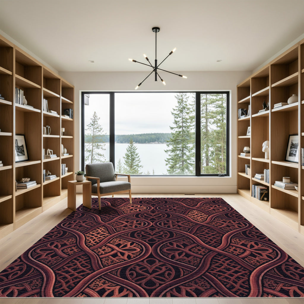 Intricate Copper Interlocking Woven Scroll Rug