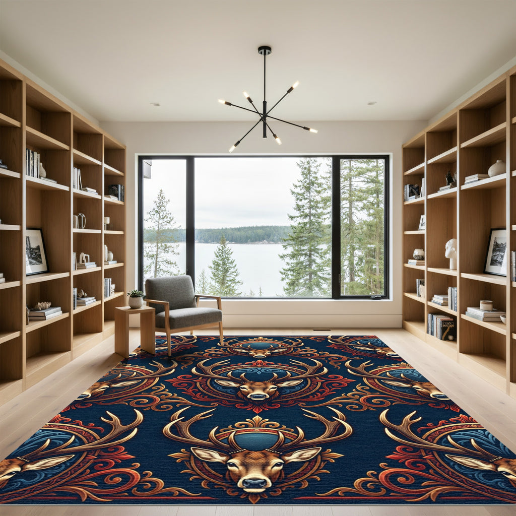 Ornate Regal Stag Royal Blue Gold Rug