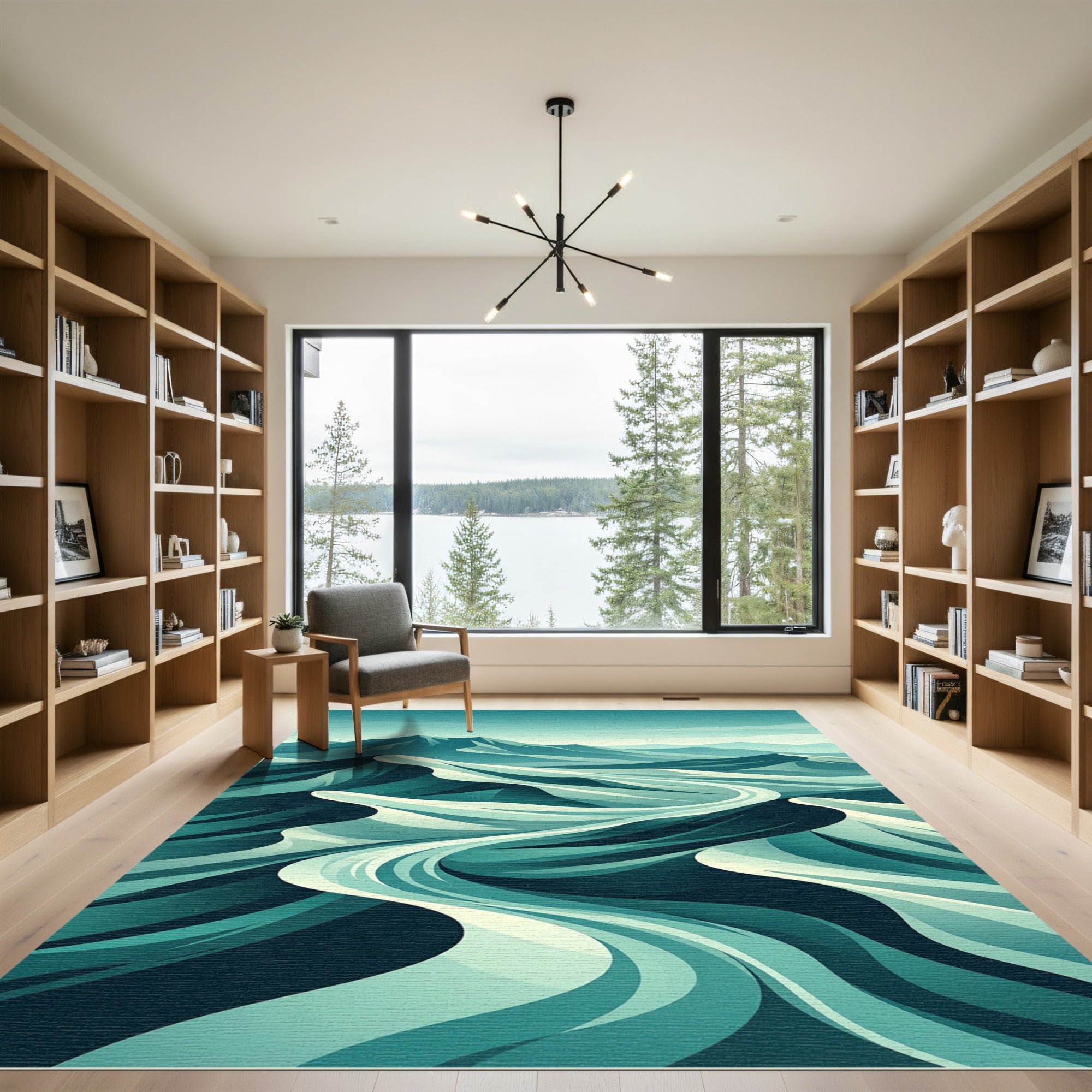 Teal Abstract Mountain Landscape Flow Rug
