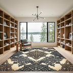 Ornate Black Cream Scrollwork Medallion Rug