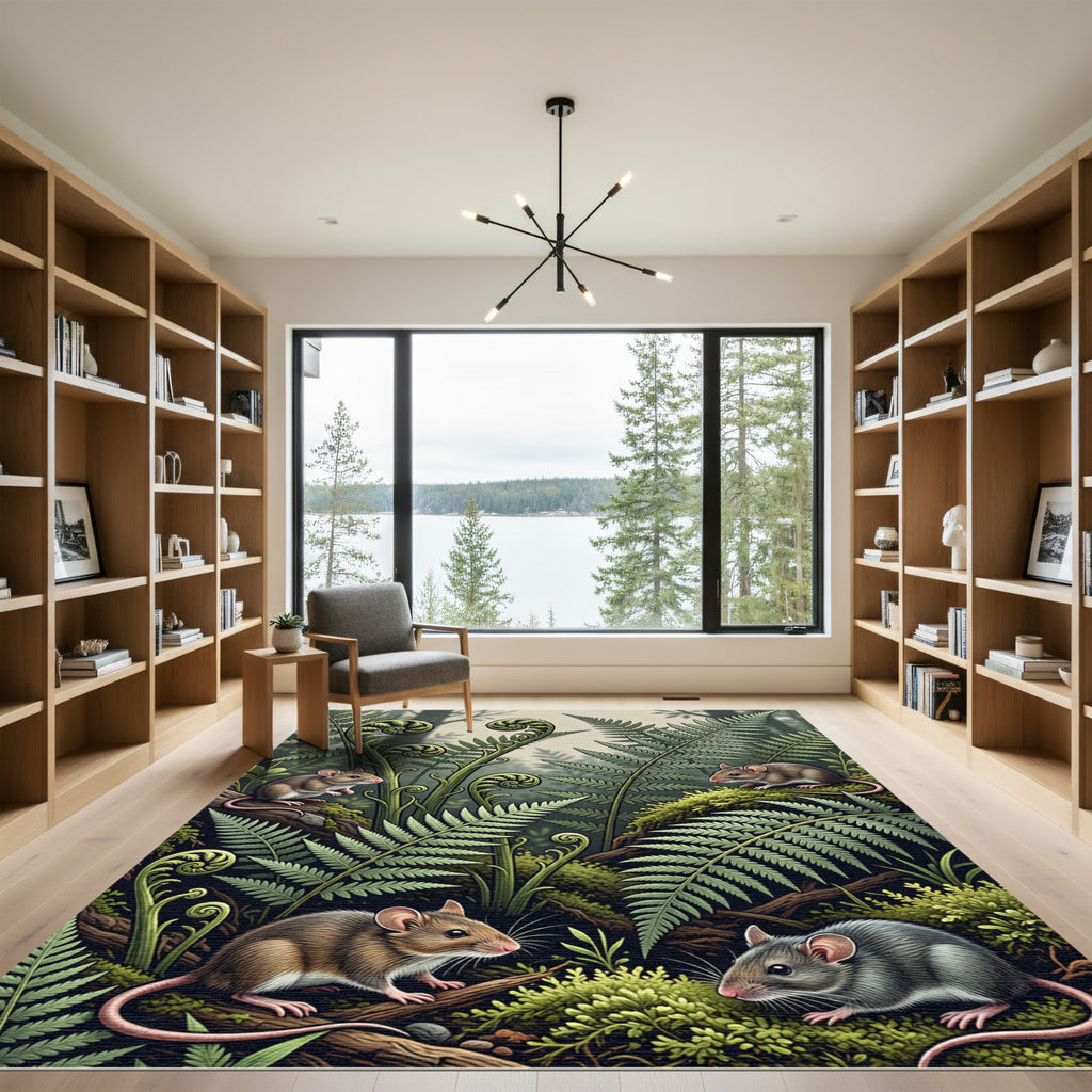Whimsical Forest Mice with Fern Fronds Rug