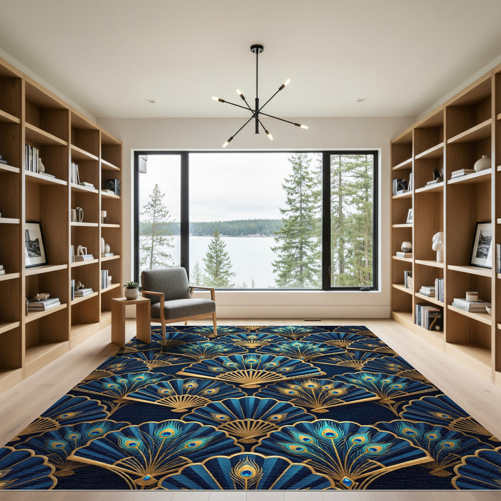 Art Deco Blue Gold Peacock Fan Rug
