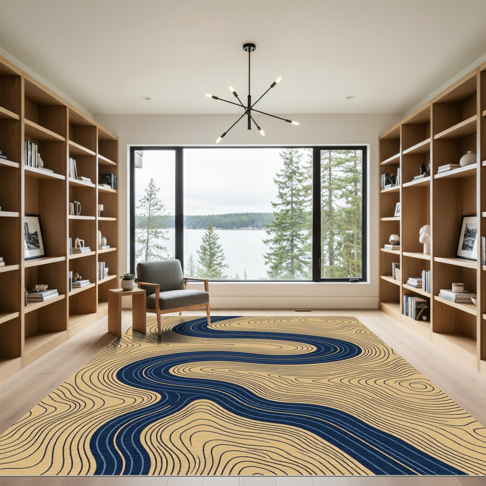 Midnight Blue Abstract Contour Flow Rug