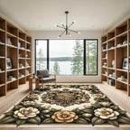 Elegant Gold Crest Camellia Floral Rug