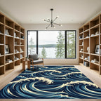 Japanese Woodblock Inspired Navy Wave Rug