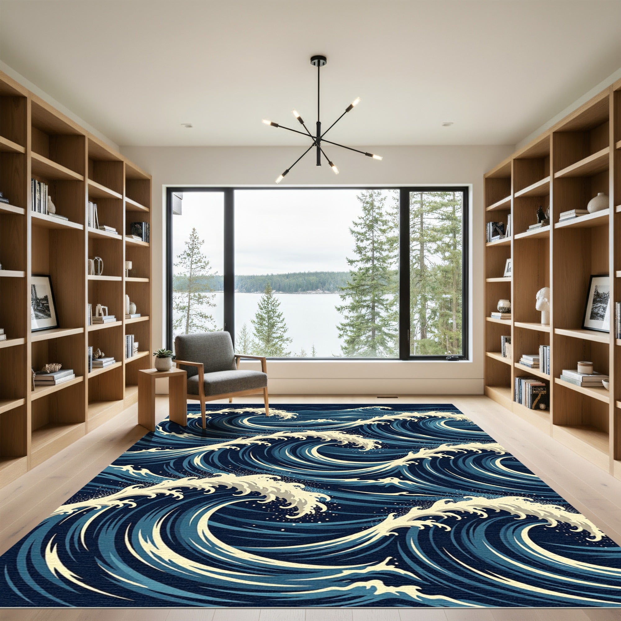 Japanese Woodblock Inspired Navy Wave Rug
