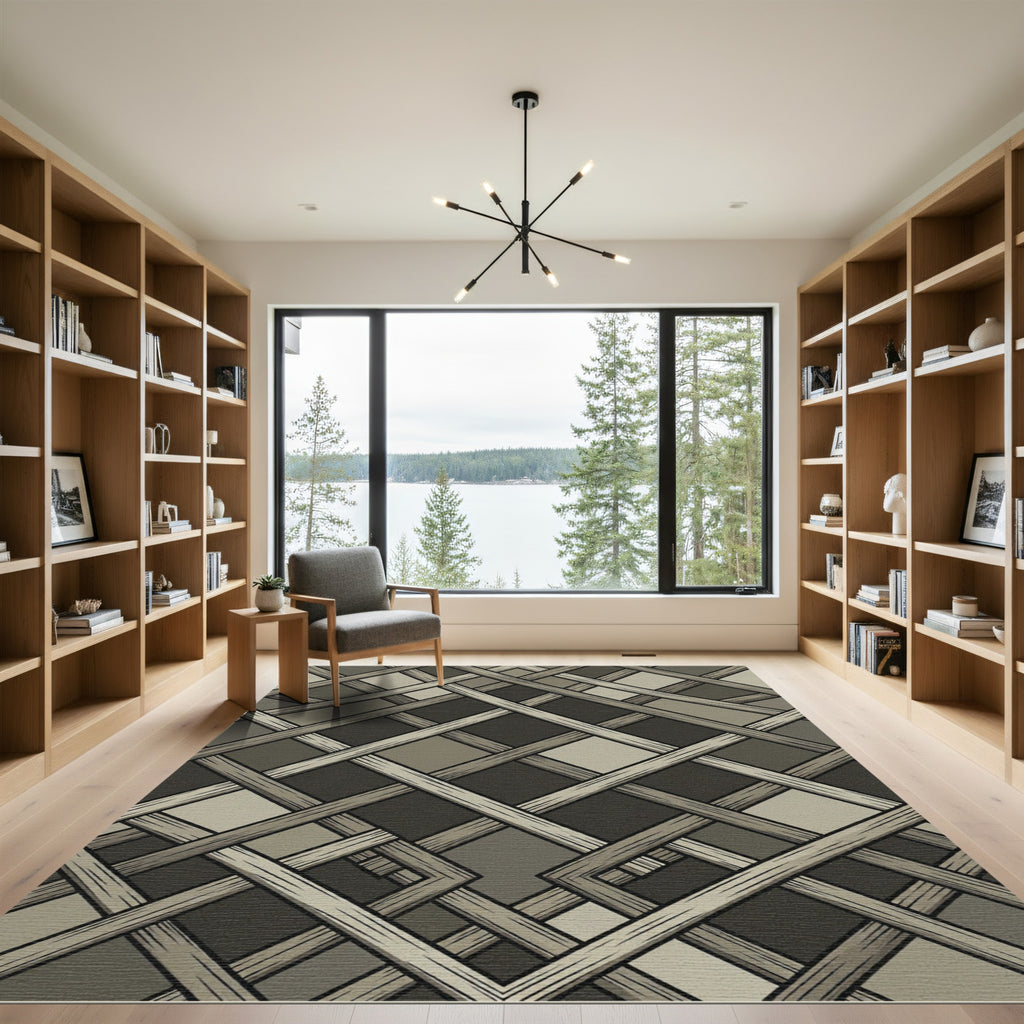Sophisticated Neutral Grey Geometric Lattice Rug