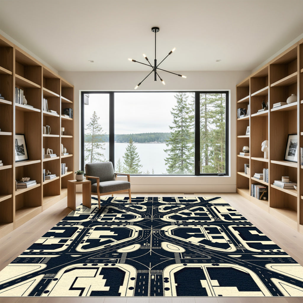 Modern Monochrome Urban Grid Map Rug