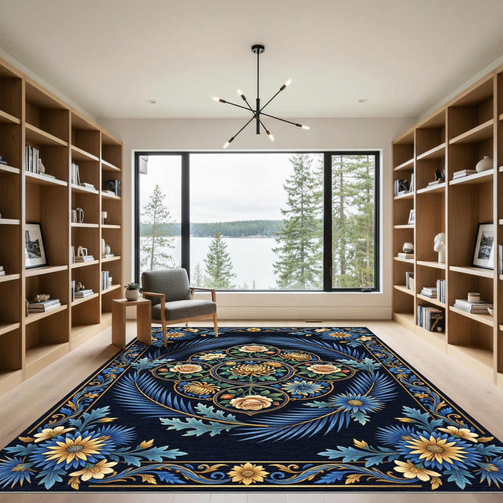 Vintage Blue Gold Floral Medallion Rug