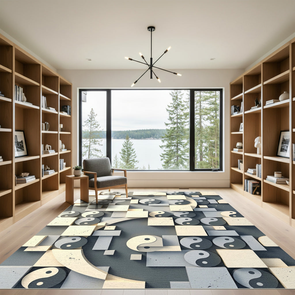 Gray Yin Yang Geometric Arrangement Rug