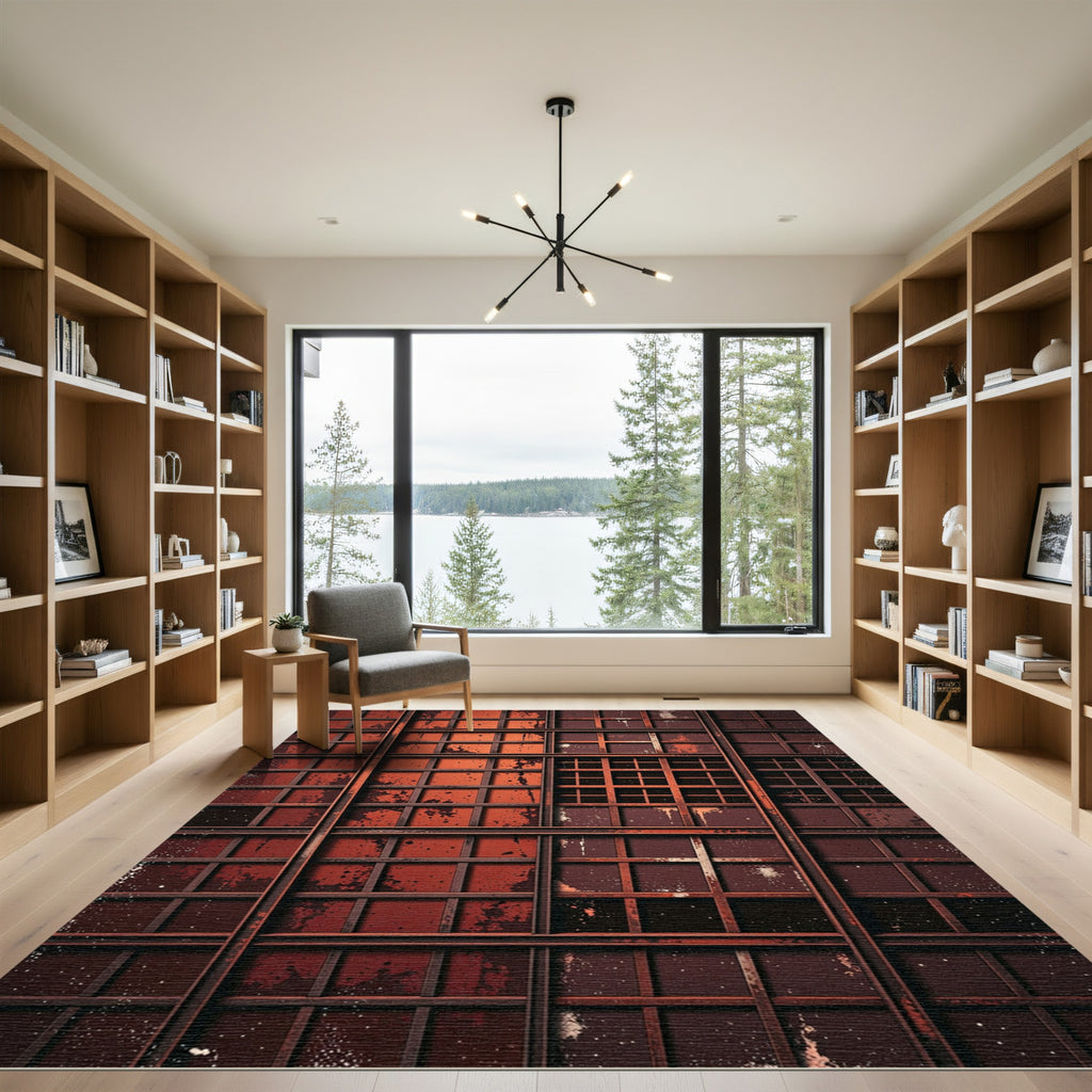 Distressed Red Grid Industrial Rug