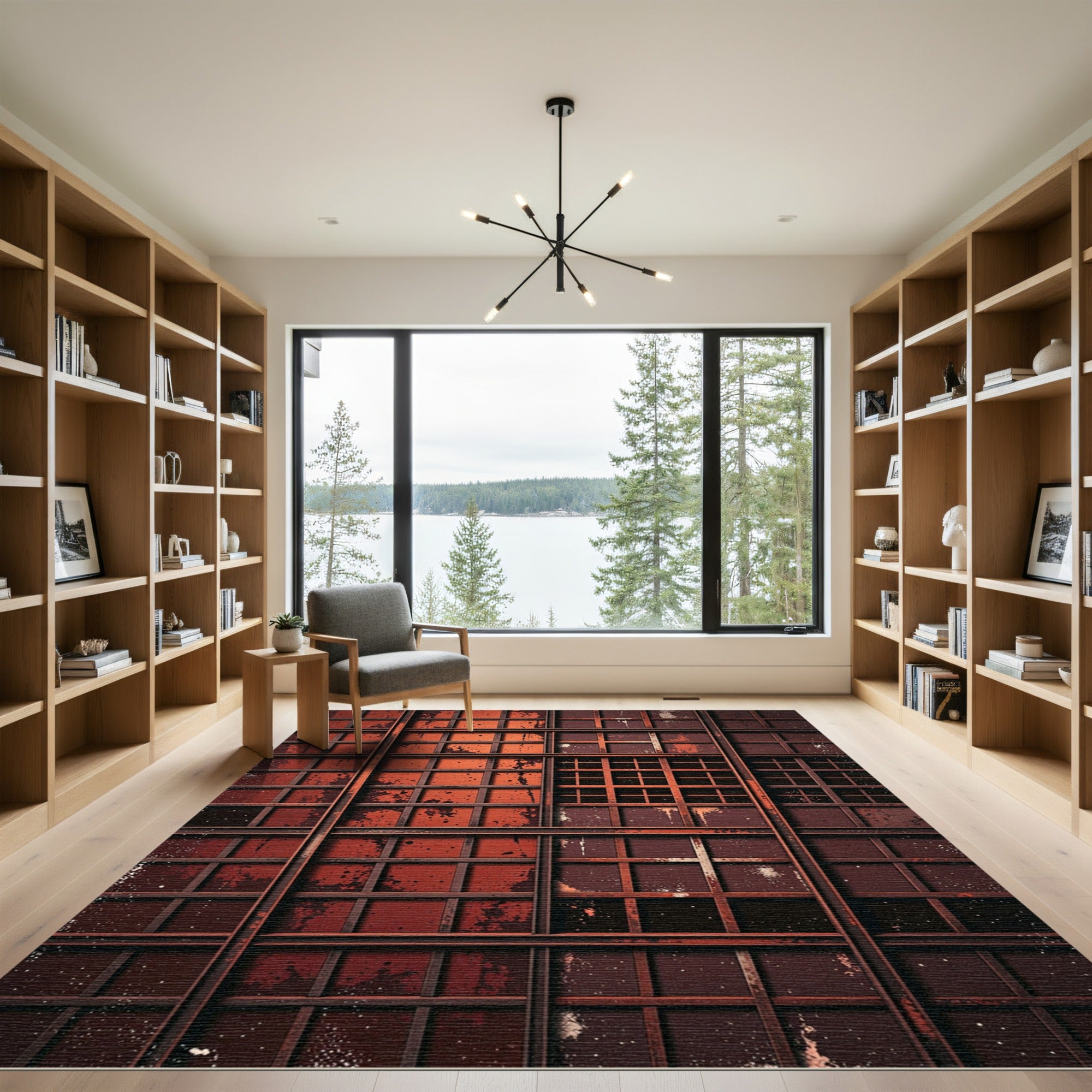 Distressed Red Grid Industrial Rug