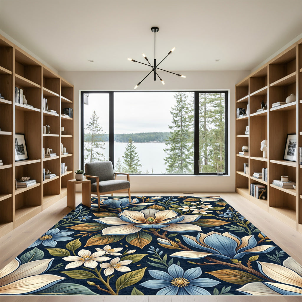 Exotic Blue White Magnolia Botanical Garden Rug