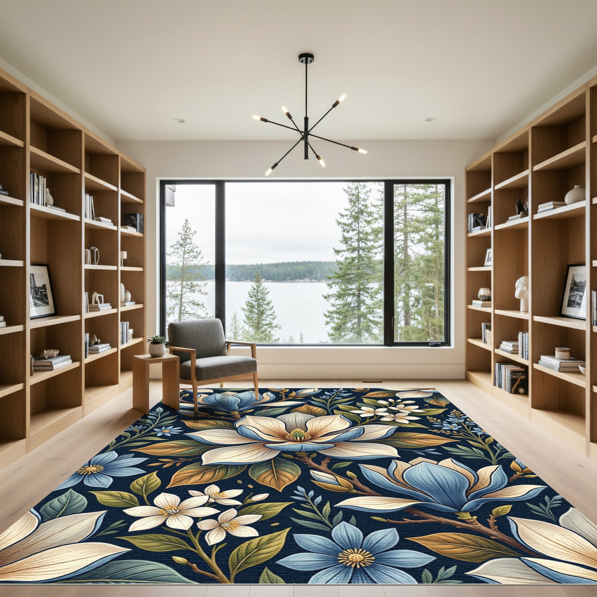 Exotic Blue White Magnolia Botanical Garden Rug