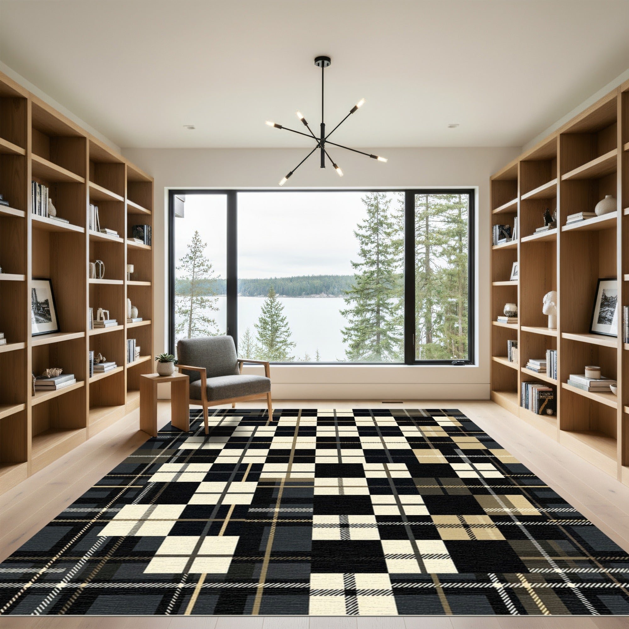 Black Cream Plaid Square Composition Rug