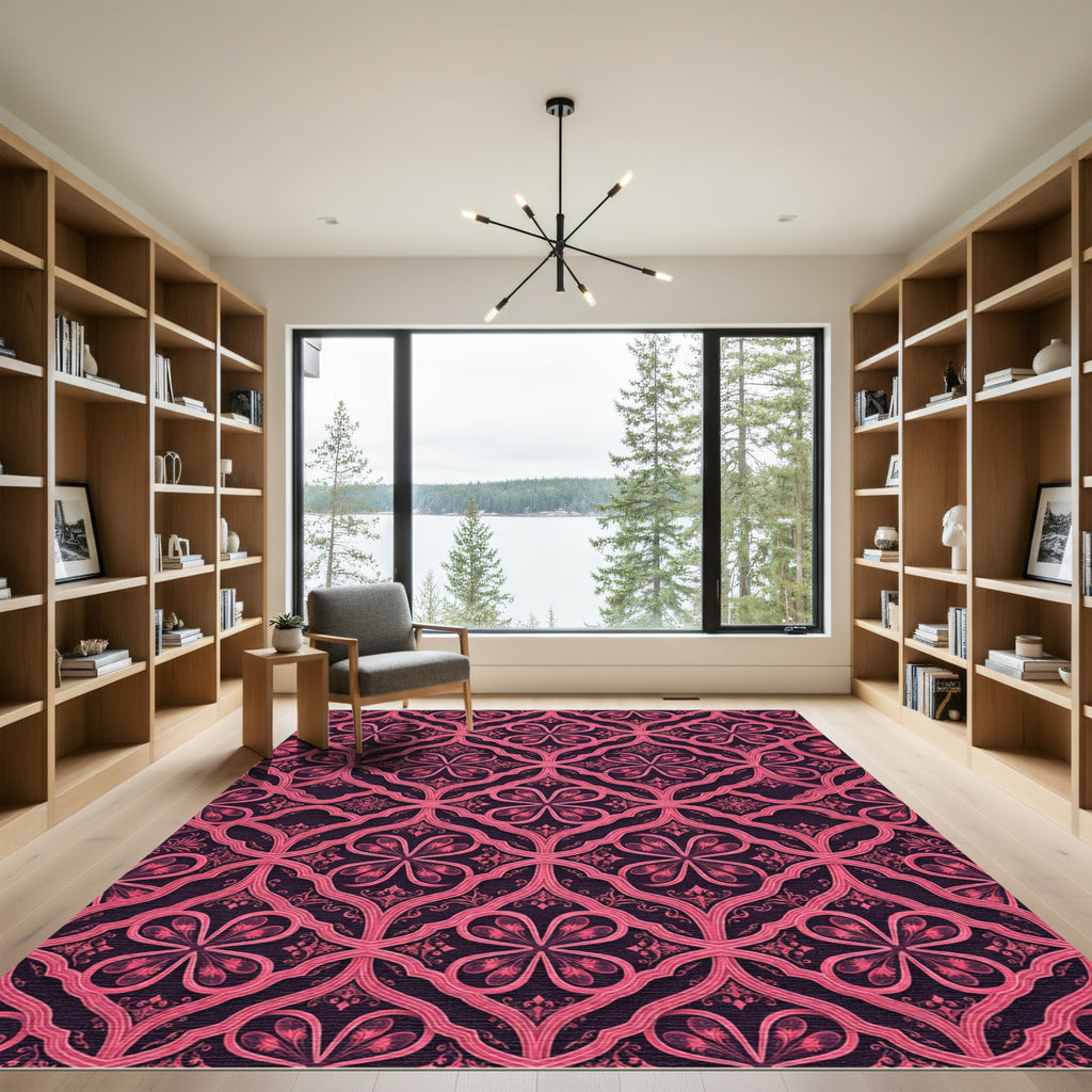 Elegant Magenta Damask Quatrefoil Scroll Rug