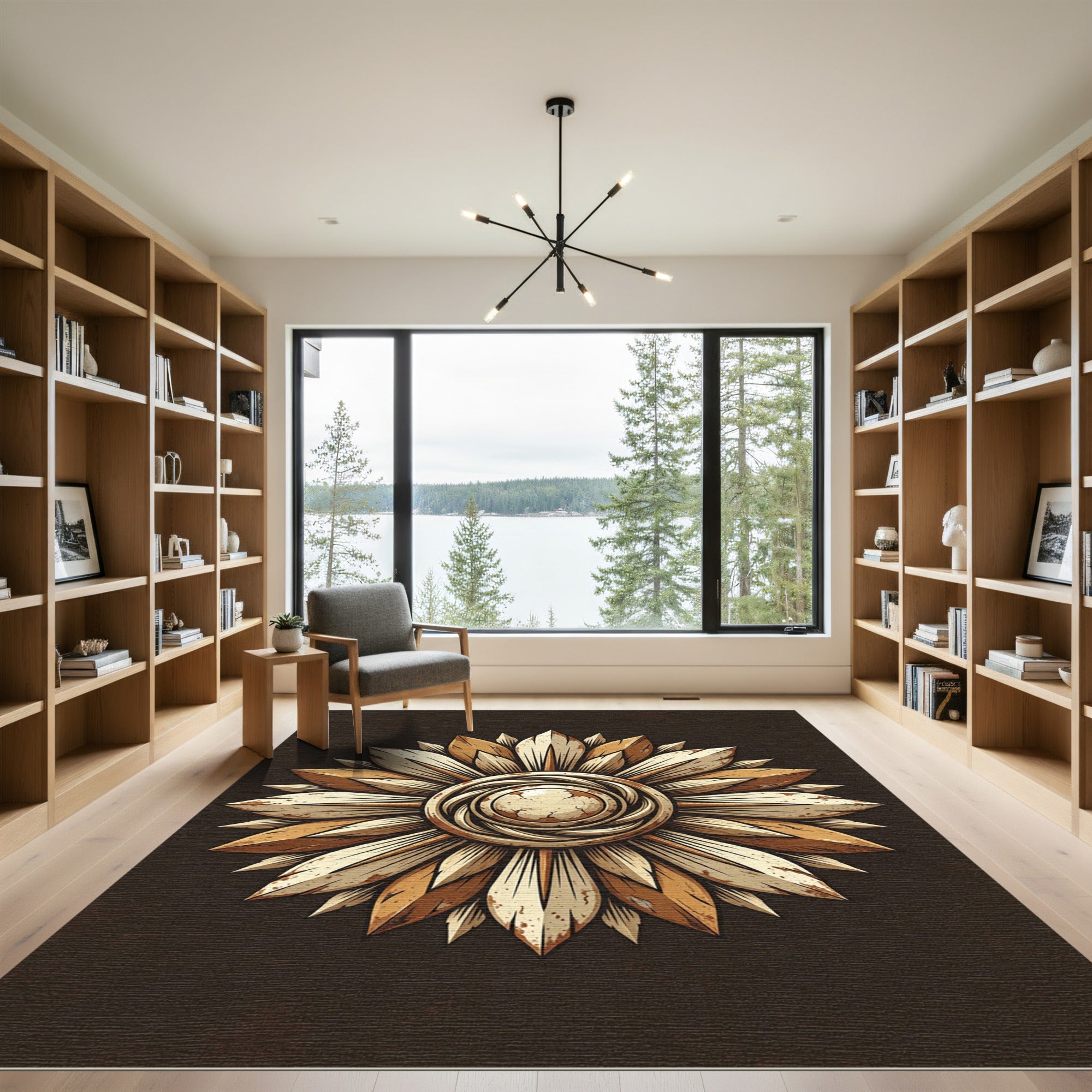 Rustic Golden Floral Sunburst Medallion Rug