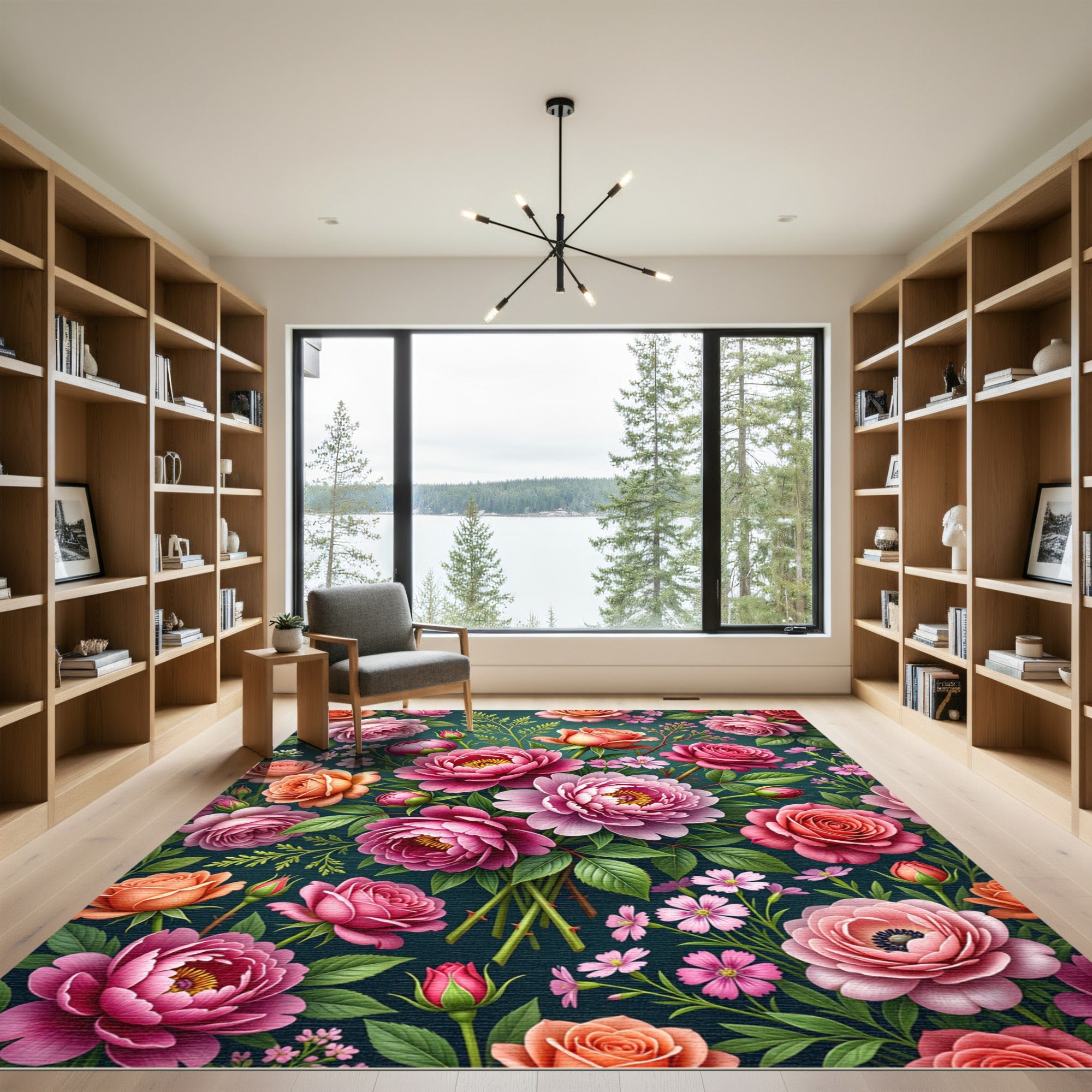 Lush Pink Rose Peony Botanical Bouquet Rug