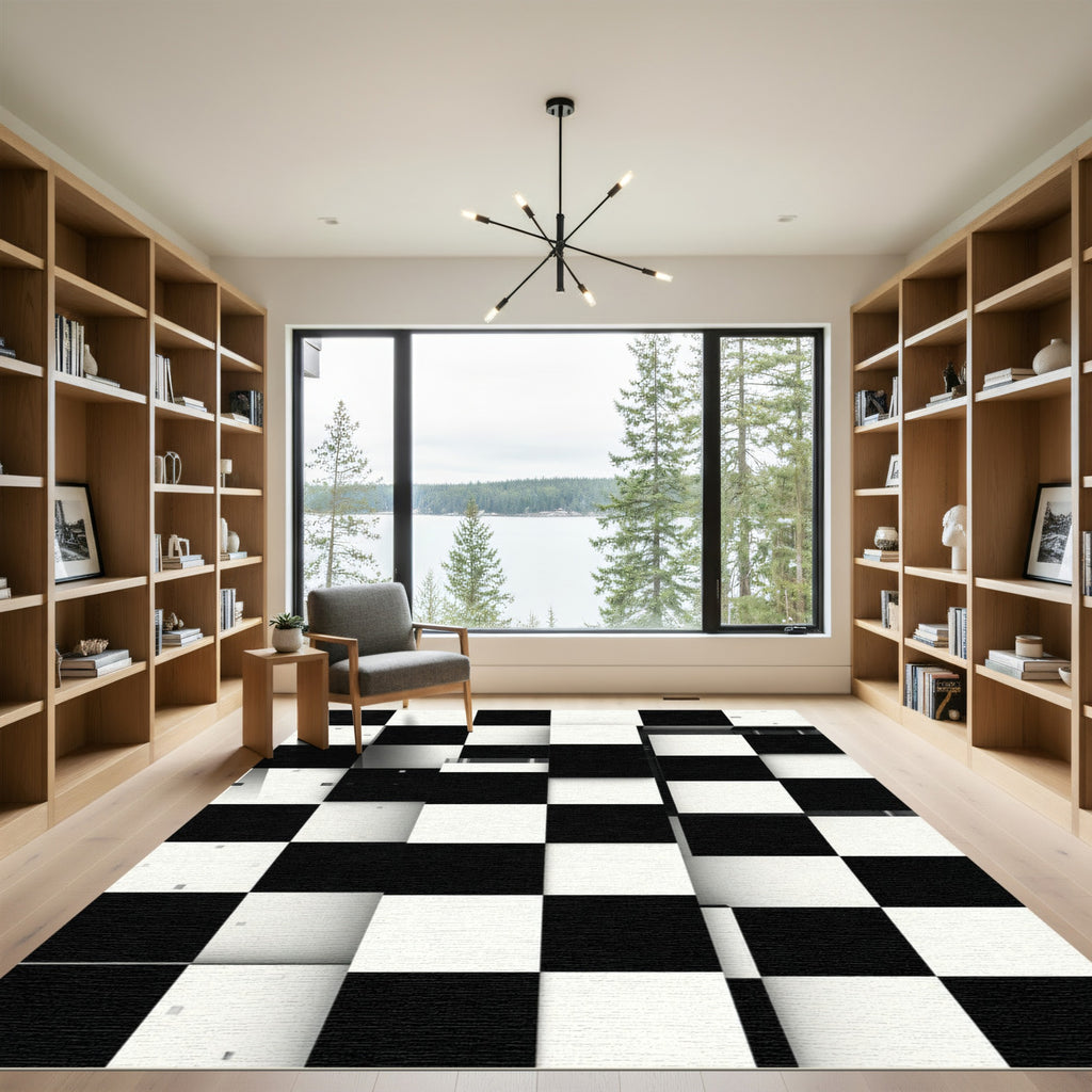 Graphic Black White Checkerboard Grid Rug