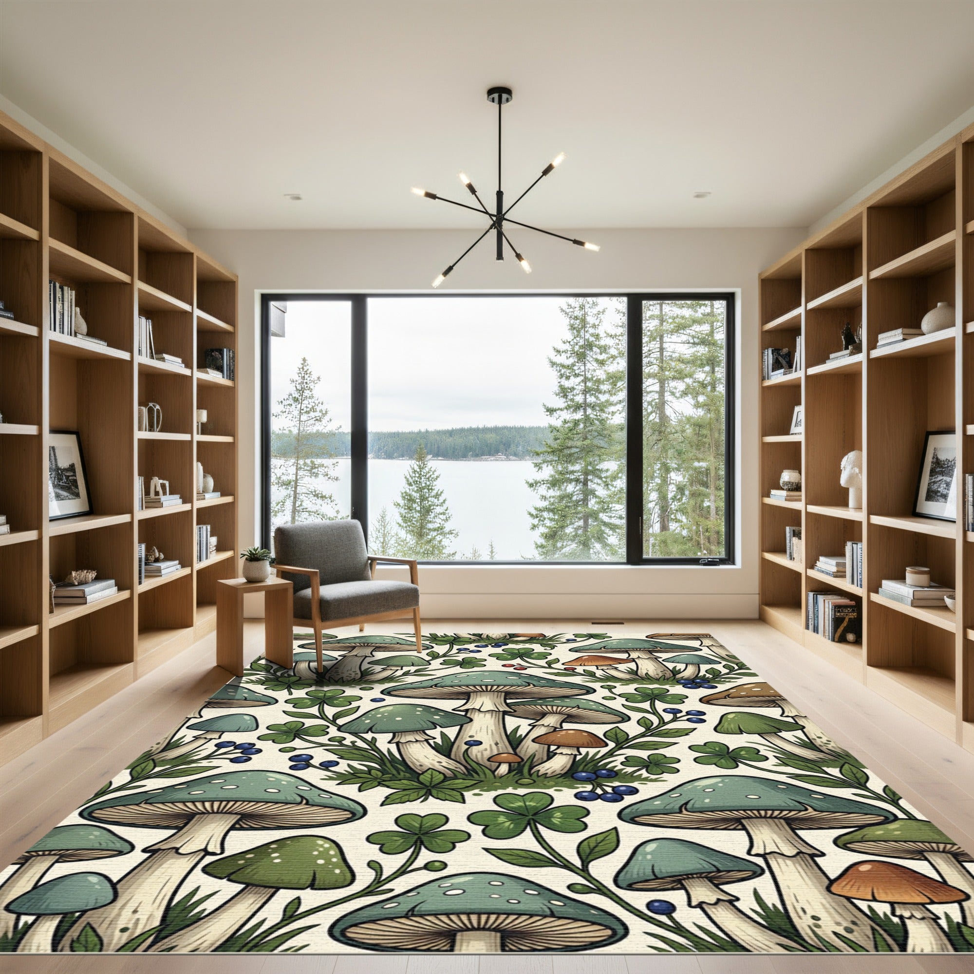 Whimsical Sage Mushroom and Clover Forest Rug