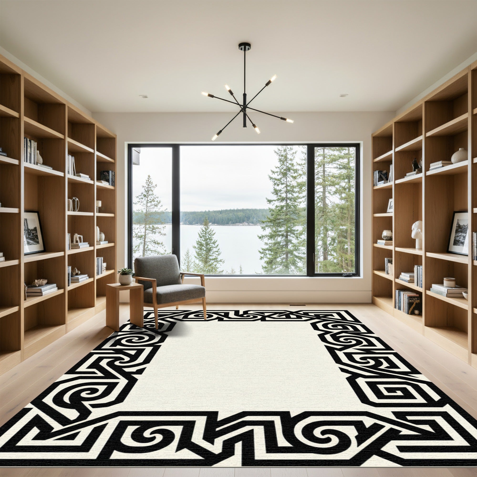 Black White Geometric Scroll Art Deco Rug