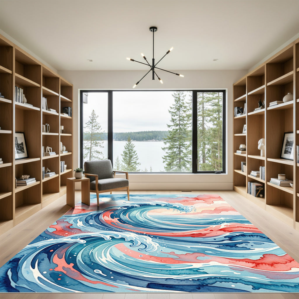 Watercolor Ocean Wave Sunset Serene Rug