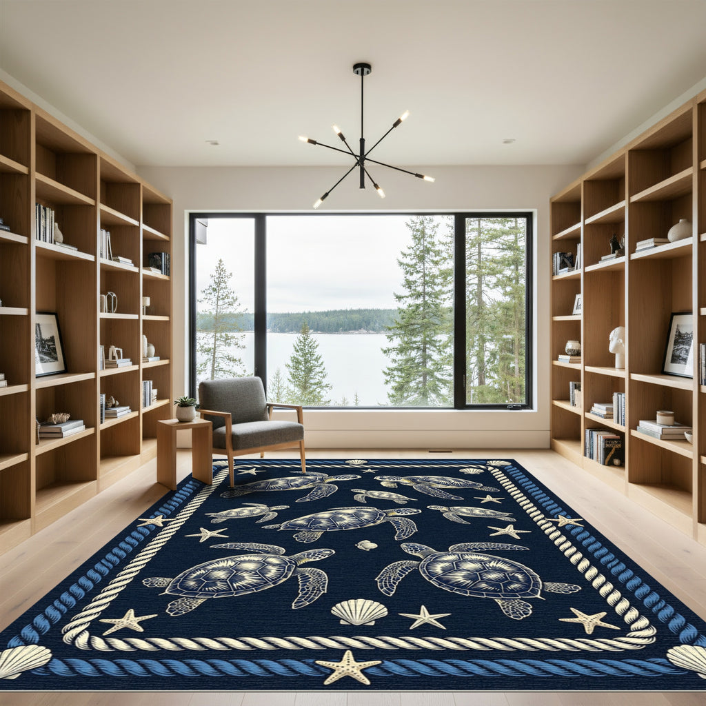 Navy Nautical Sea Turtle Rope Border Rug