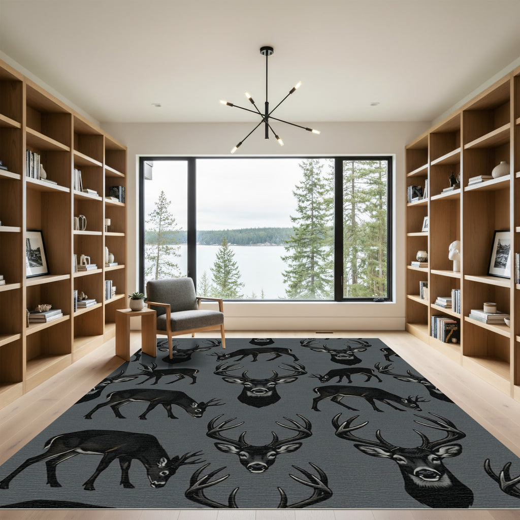 Majestic Black Deer Heads Wildlife Repeat Rug