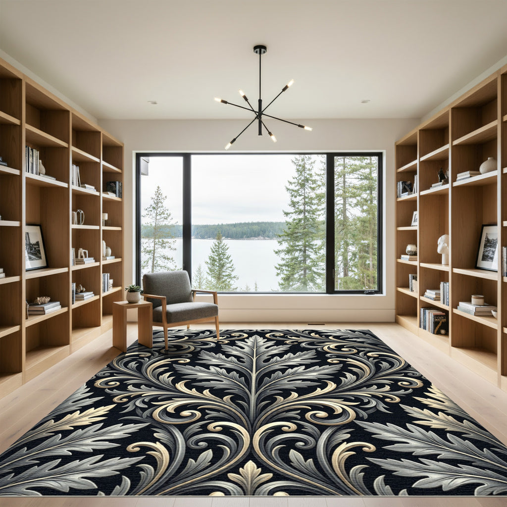 Grand Acanthus Leaf Scroll Black Rug