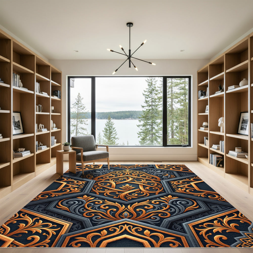 Ornate Golden Hexagonal Arabesque Rug