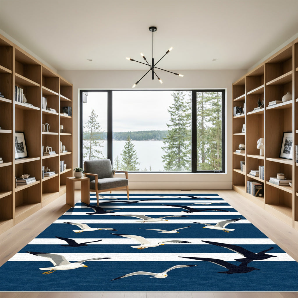 Navy Coastal Seagull Stripe Illustration Rug