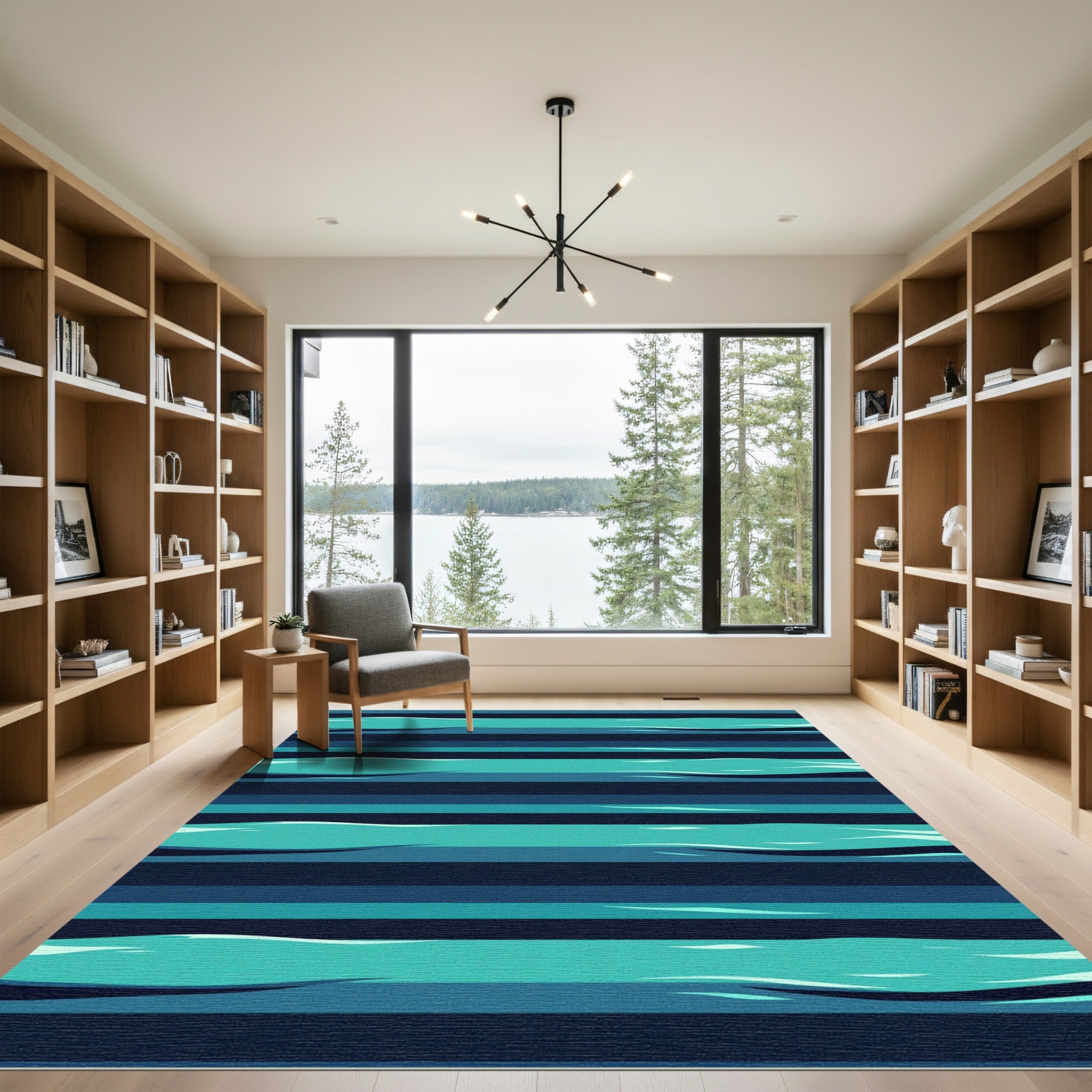 Abstract Teal and Navy Ocean Wave Striped Decor Rug