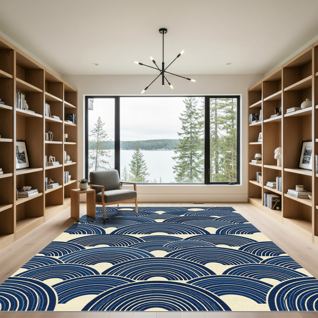 Indigo Geometric Japanese Wave Arch Rug