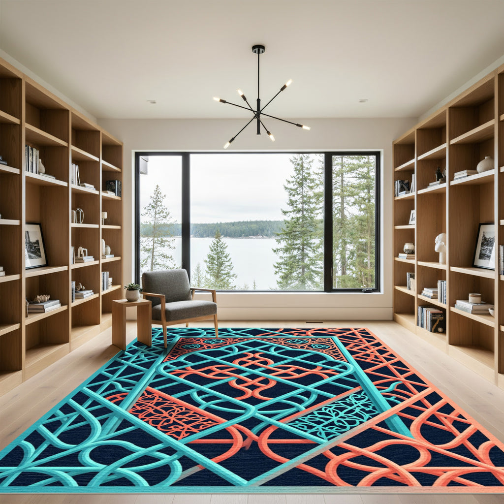 Teal and Coral Geometric Interlocking Lattice Rug