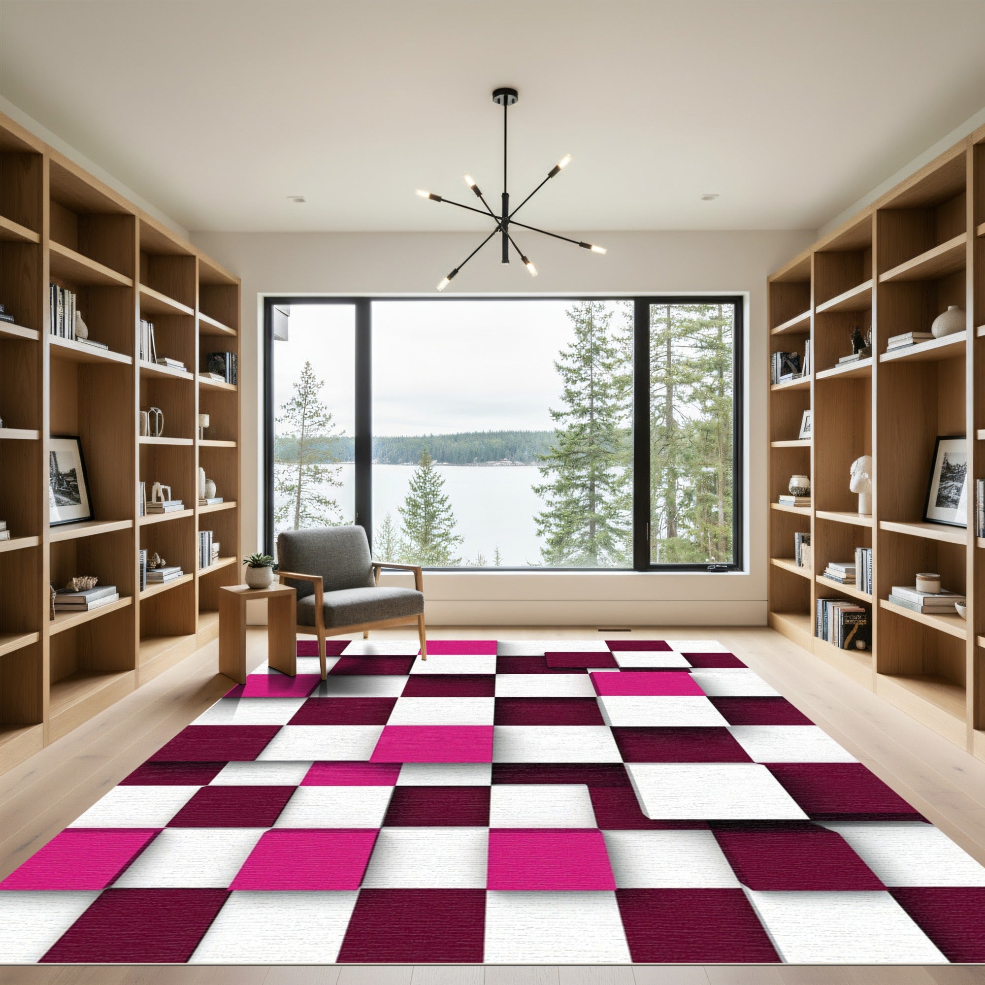 Modern Magenta and Maroon Geometric Cube Rug