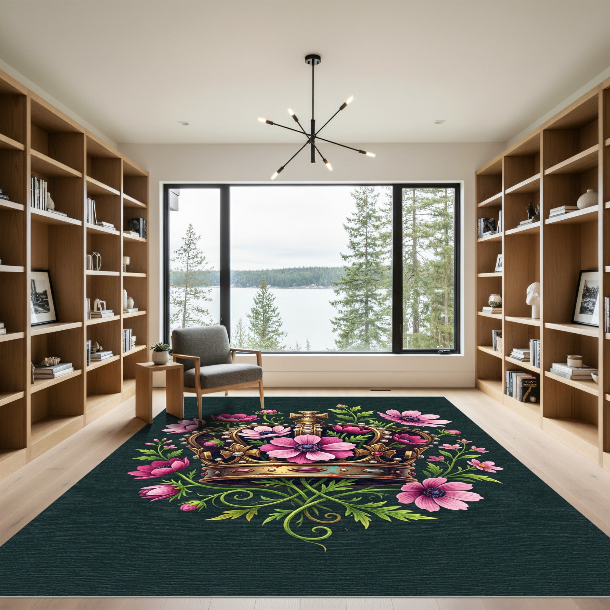 Golden Crown with Pink Floral Blossoms Rug