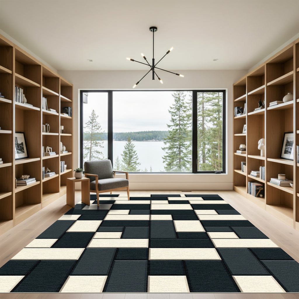 Geometric Cream and Charcoal Blocks Rug