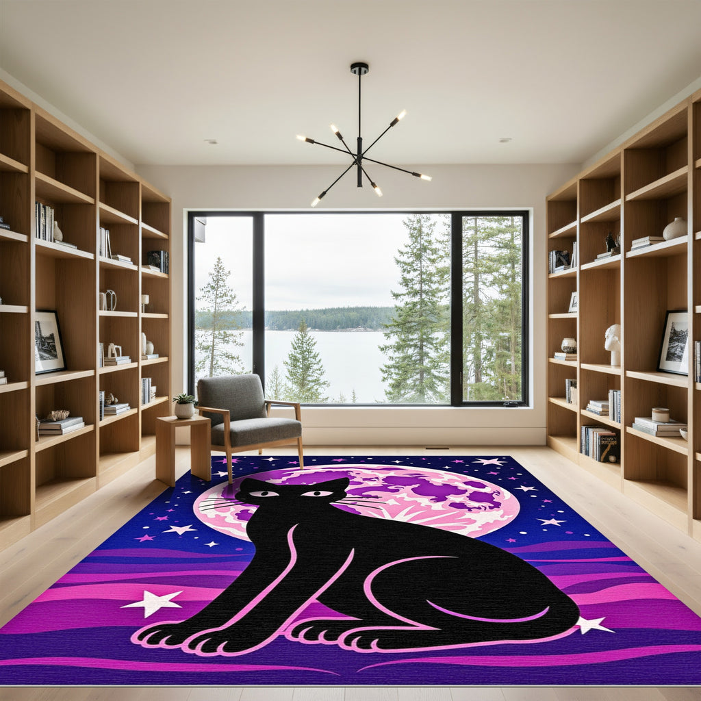 Black Cat Pink Moon Starry Night Rug