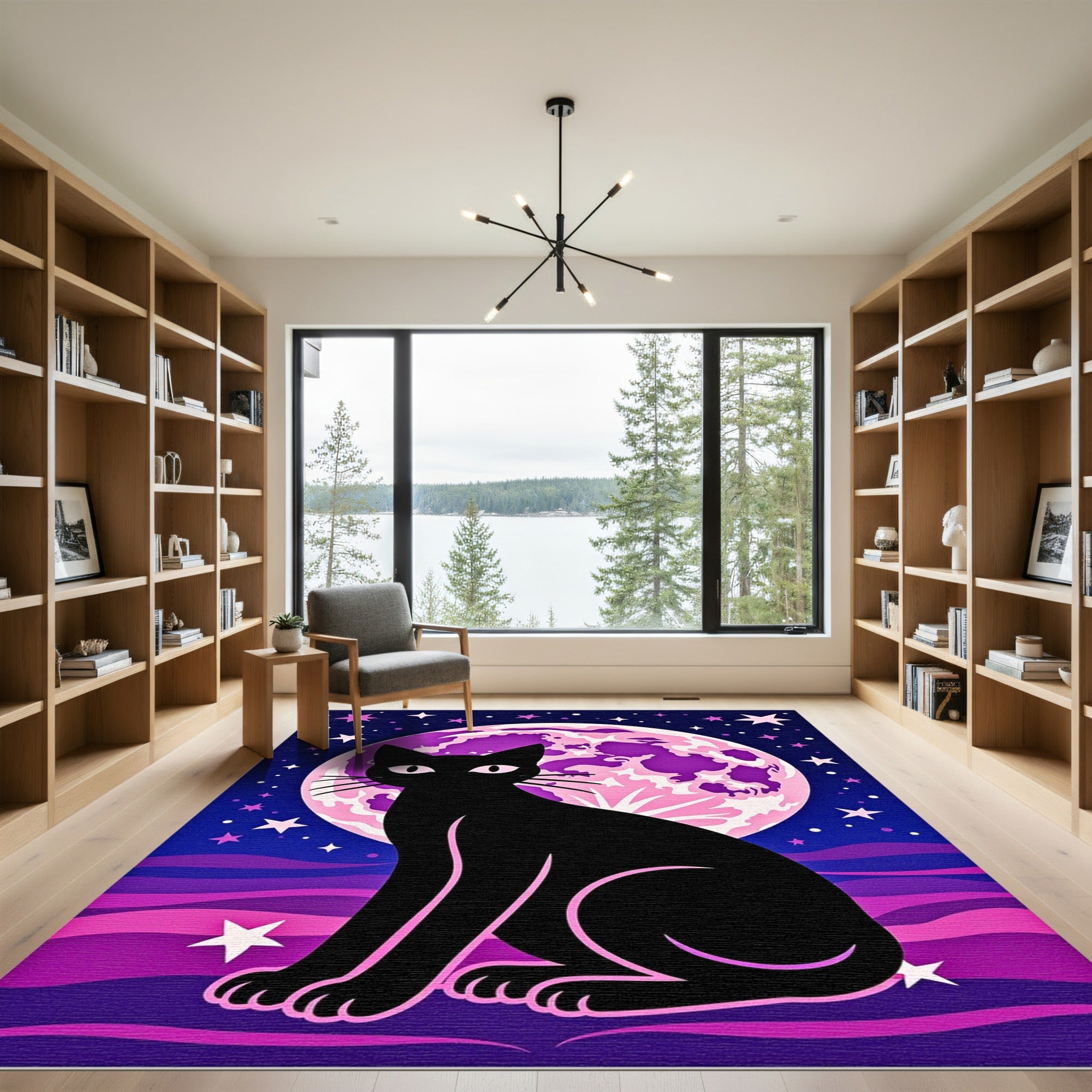 Black Cat Pink Moon Starry Night Rug