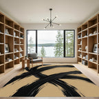 Black Abstract Brushstroke on Tan Rug