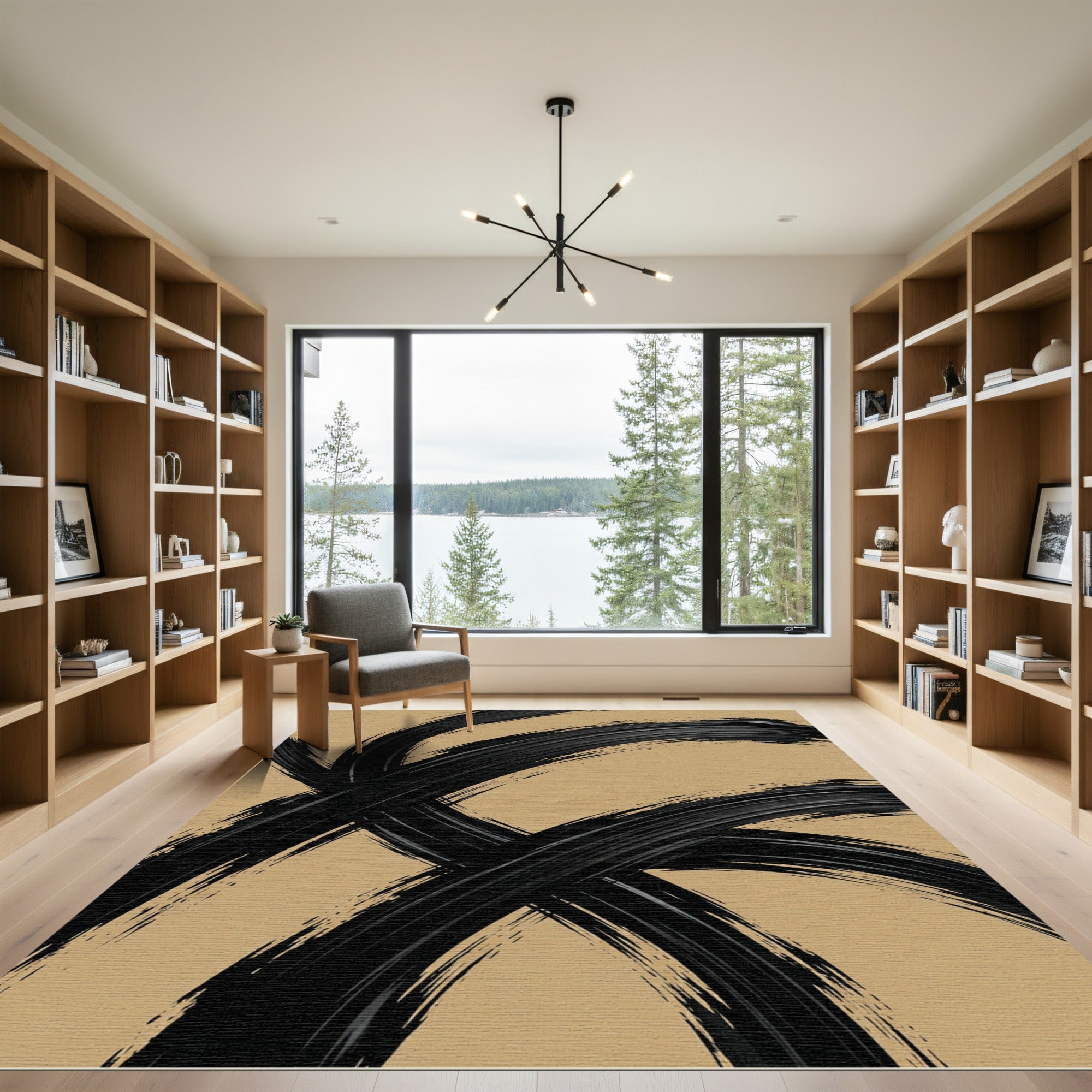 Black Abstract Brushstroke on Tan Rug