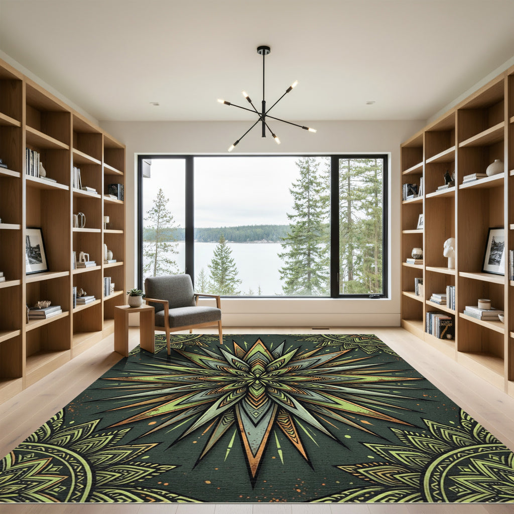 Olive Green Radiant Geometric Star Burst Rug