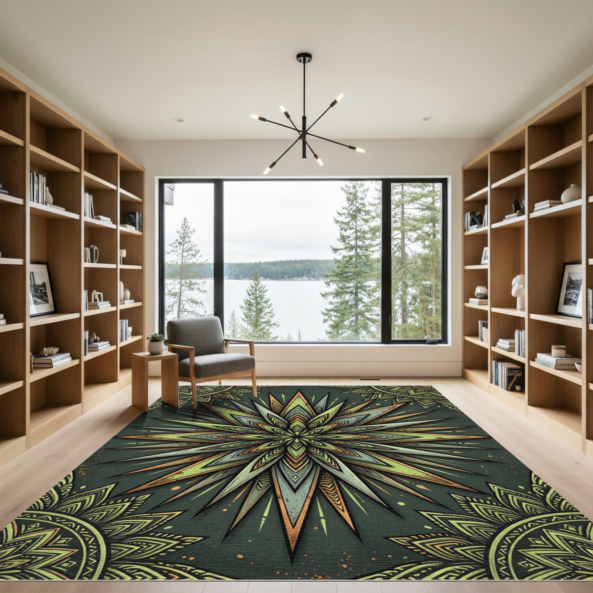 Olive Green Radiant Geometric Star Burst Rug
