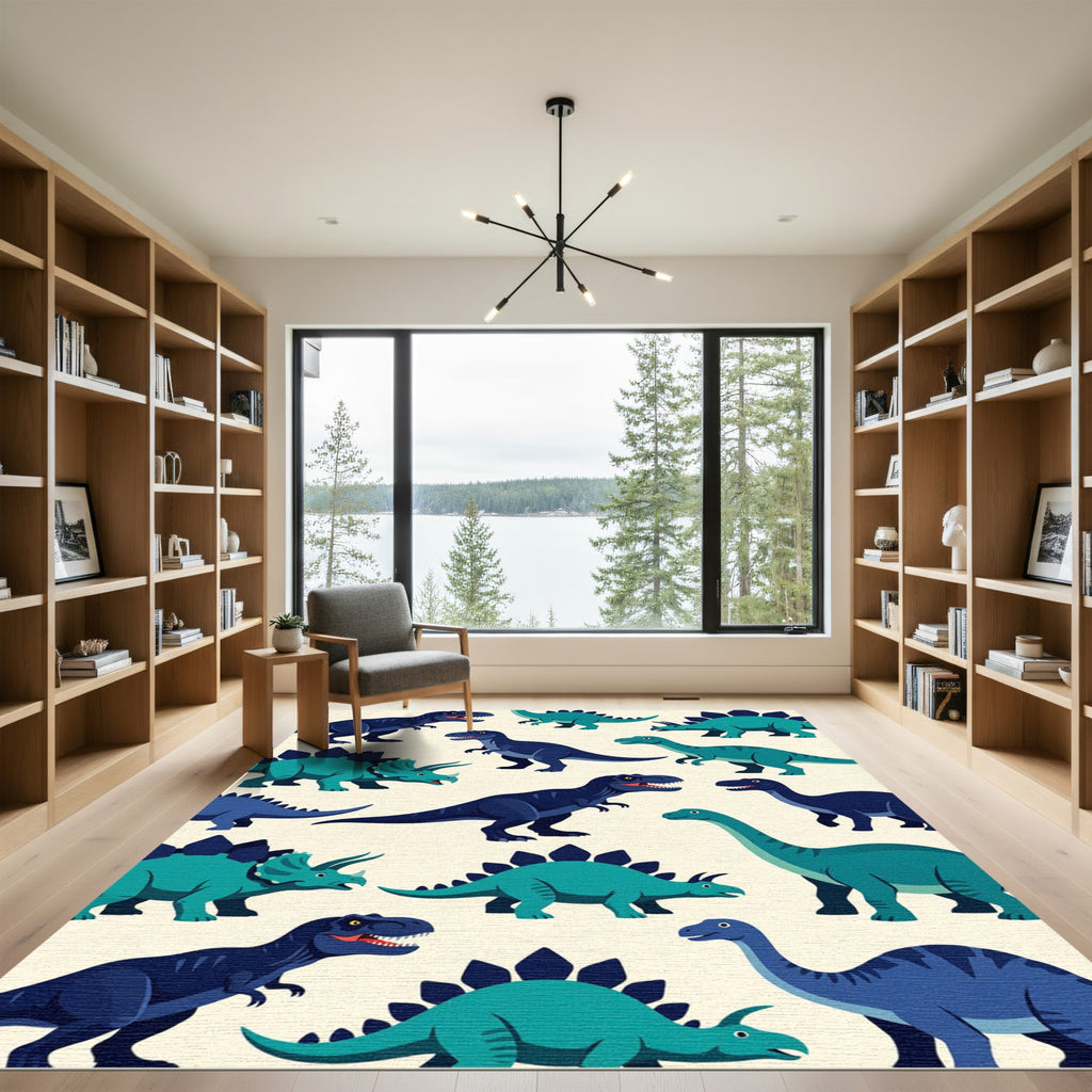 Playful Teal and Navy Dinosaur Illustration Rug