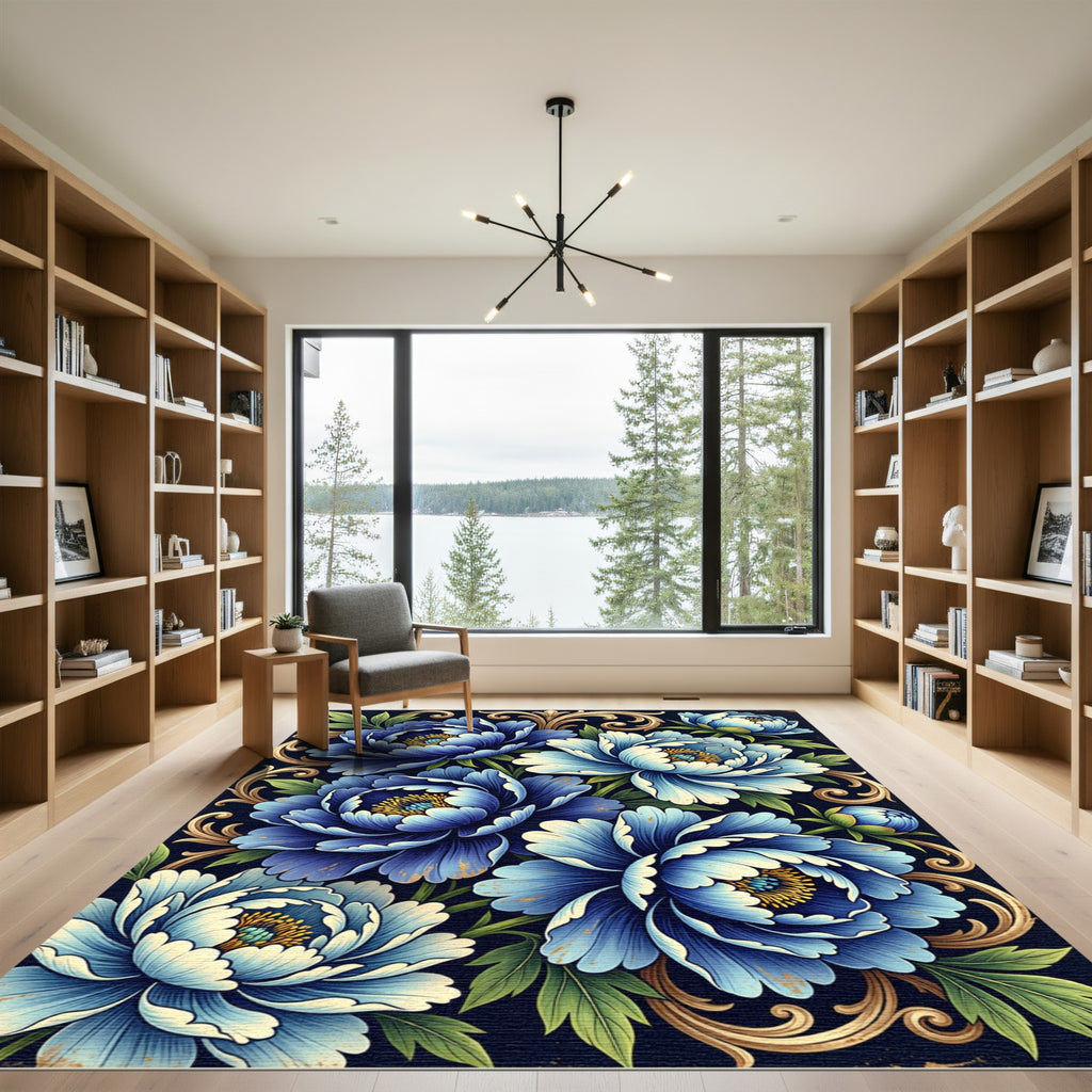 Intricate Blue Peony Floral Swirl Rug