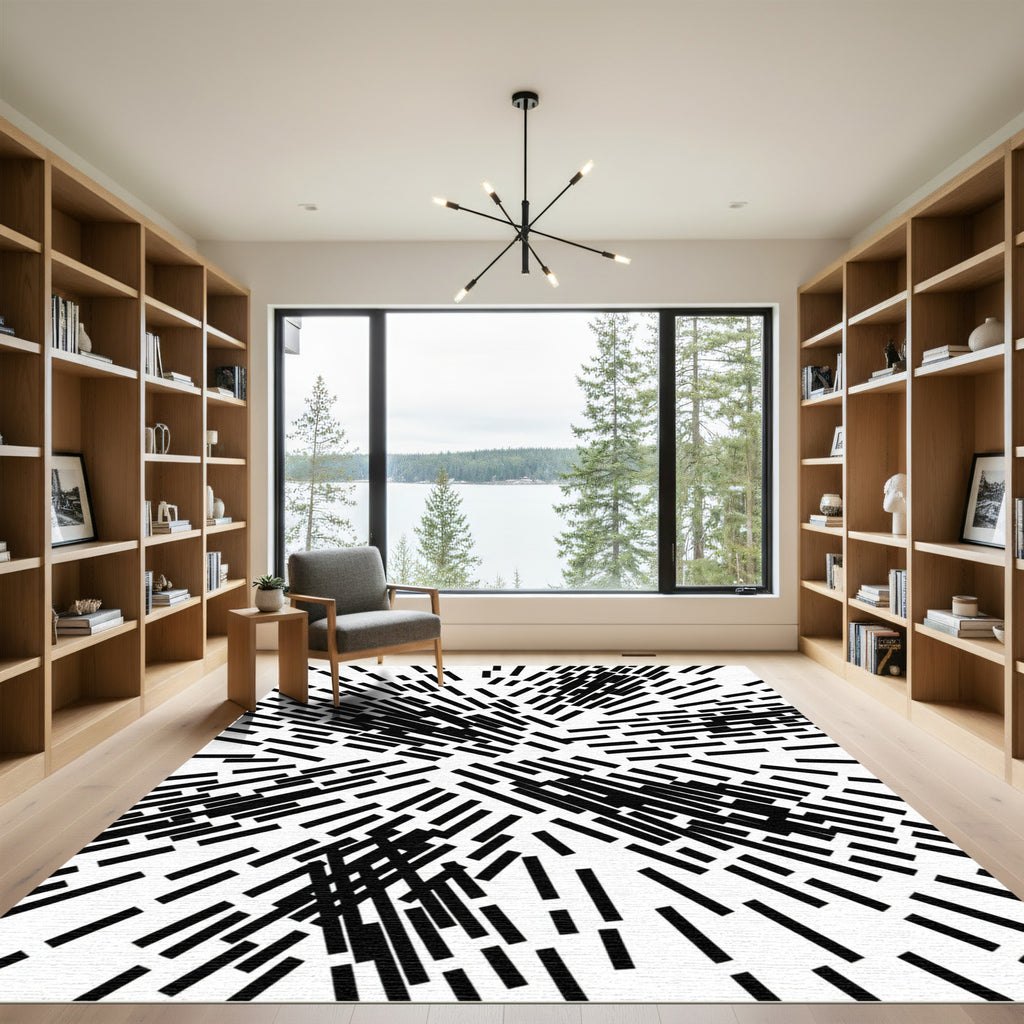 Abstract Black White Burst Lines Rug